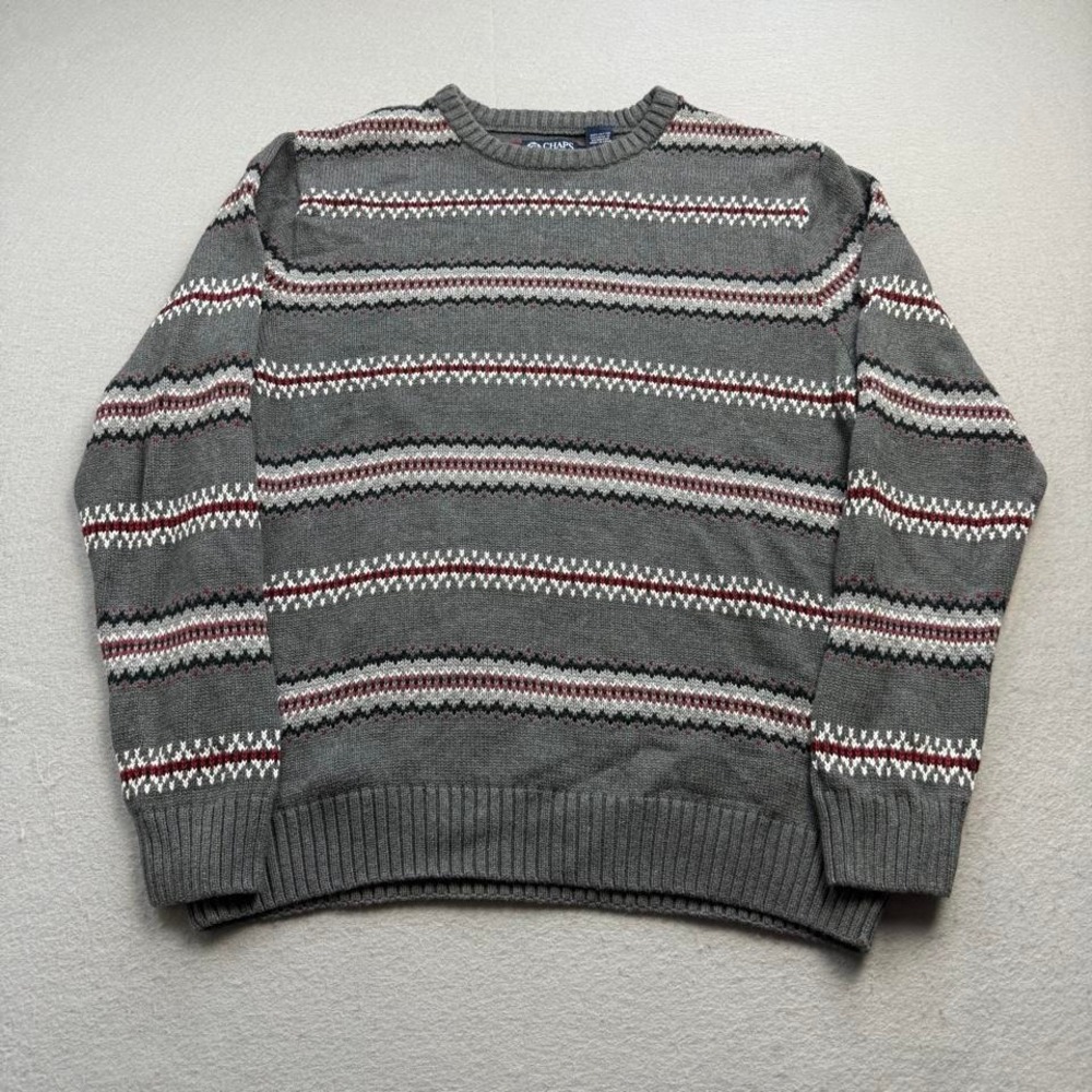 Chaps Fair Isle Knit Sweater Gray Red White Pattern Men's Large - Picture 1 of 6